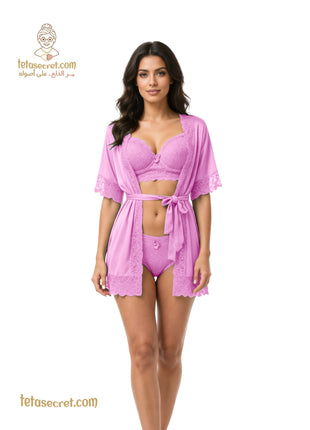 Elegant three-piece lingerie set by السعاده featuring delicate fabrics and intricate design details.