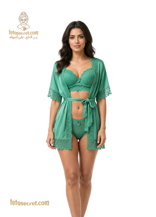 Three-piece lingerie set by السعاده, featuring elegant lace and comfortable fabric, designed for a stylish and sensual look.