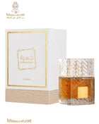 Lattafa Khamrah Eau De Parfum bottle with elegant design, showcasing the luxurious fragrance and branding of Lattafa عطر خمره.