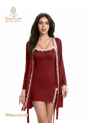 Lingerie set by التوامان featuring a short lingerie dress and robe, delicate fabric with lace details.
