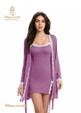 Elegant short lingerie dress and matching robe by التوامان, soft fabric with delicate lace details.