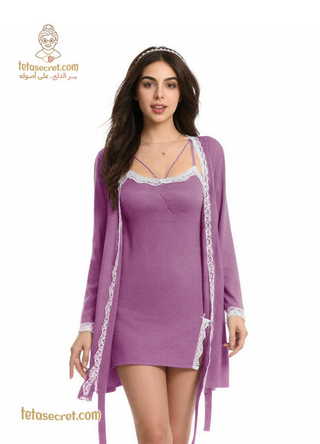 Elegant short lingerie dress and matching robe by التوامان, soft fabric with delicate lace details.