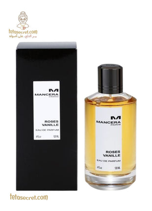 Mancera Roses Vanille Eau de Parfum bottle with rose and vanilla notes, elegant design, and floral fragrance appearance
