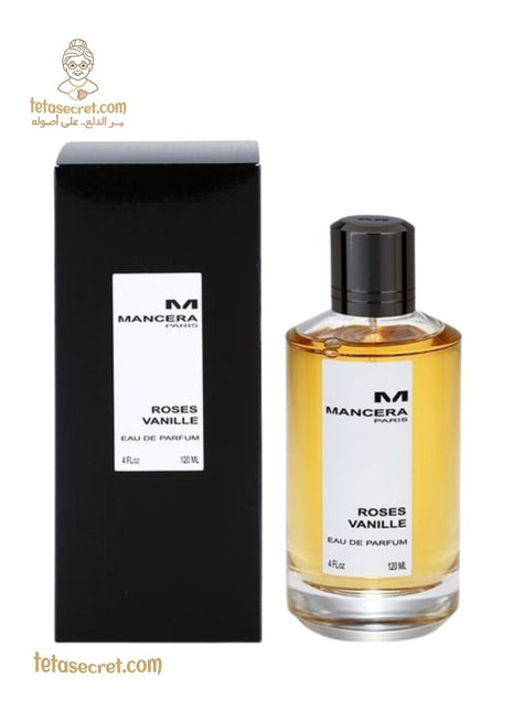 Mancera Roses Vanille Eau de Parfum bottle with rose and vanilla notes, elegant design, and floral fragrance appearance
