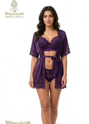 Elegant three-piece lingerie set by السعاده featuring lace and satin details, designed for a stylish and comfortable fit.