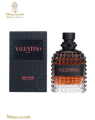 Valentino Uomo Eau de Parfum bottle with sleek design and Valentino Garavani branding, displayed on a neutral background.