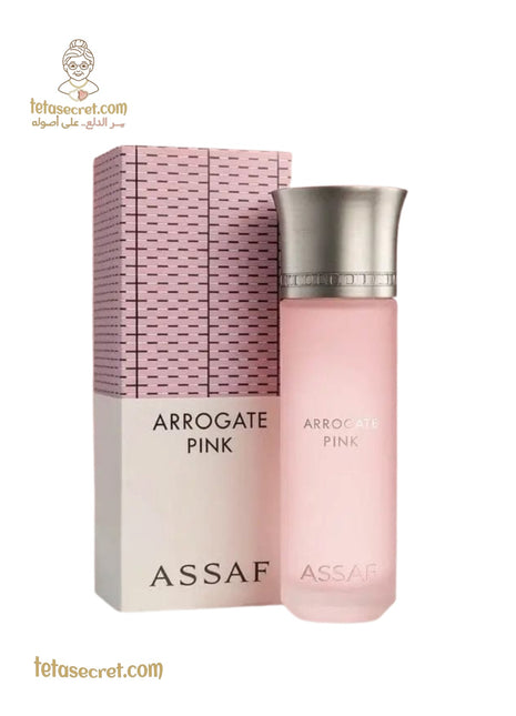 Assaf Assaf Arrogate Pink Eau de Parfum bottle with pink liquid and elegant packaging, showcasing a luxurious fragrance design.
